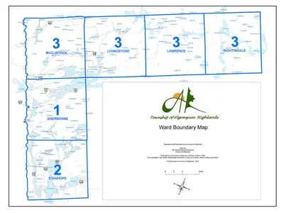 Image shows a map of the three wards of the Township of Algonquin Highlands. 