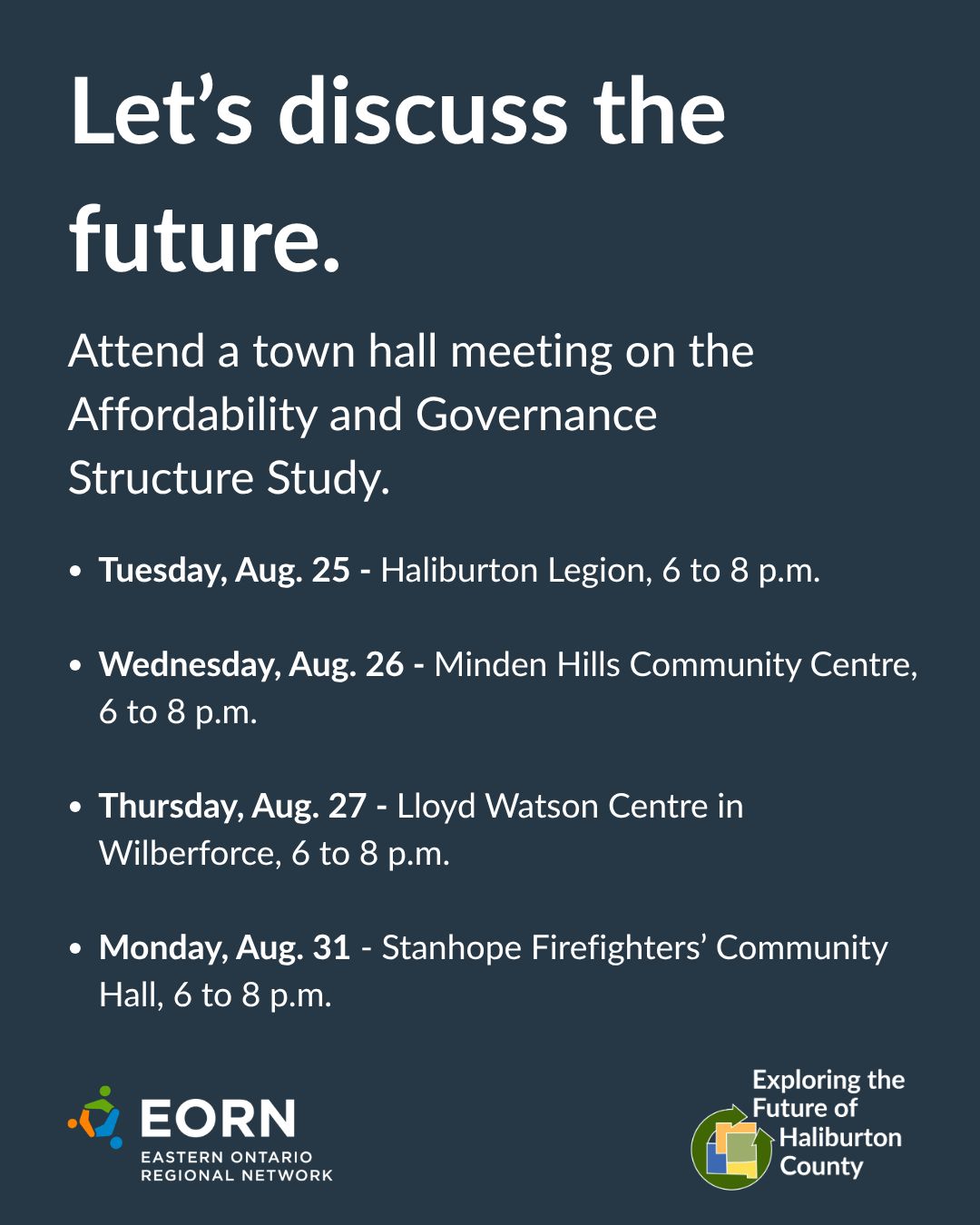 Image shows a graphic promoting town hall meetings for the County of Haliburton's Affordability and Governance Structure Study.