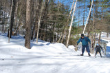 Image shows couple skiing on a snowy trail. 