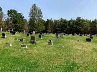 Image shows a cemetery with green grass. 