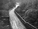 Image shows a black and white photo of the Hawk Lake Log Chute dating to 1920. 