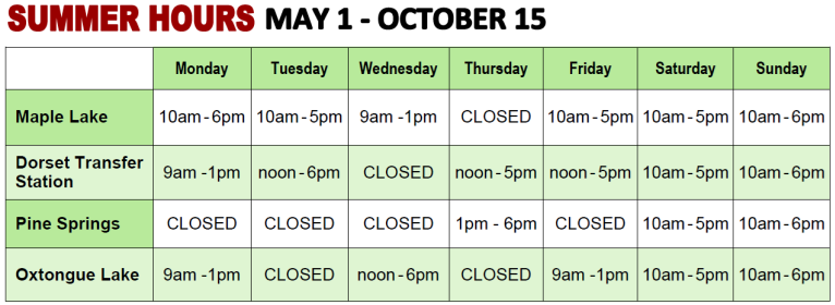 Chart shows summer hours at Algonquin Highlands waste disposal sites.