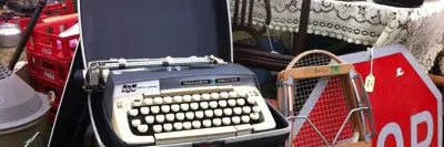 Image shows random items at a yard sale. 