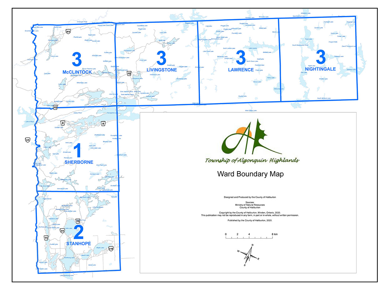 Image shows electoral ward map for the Township of Algonquin Highlands.