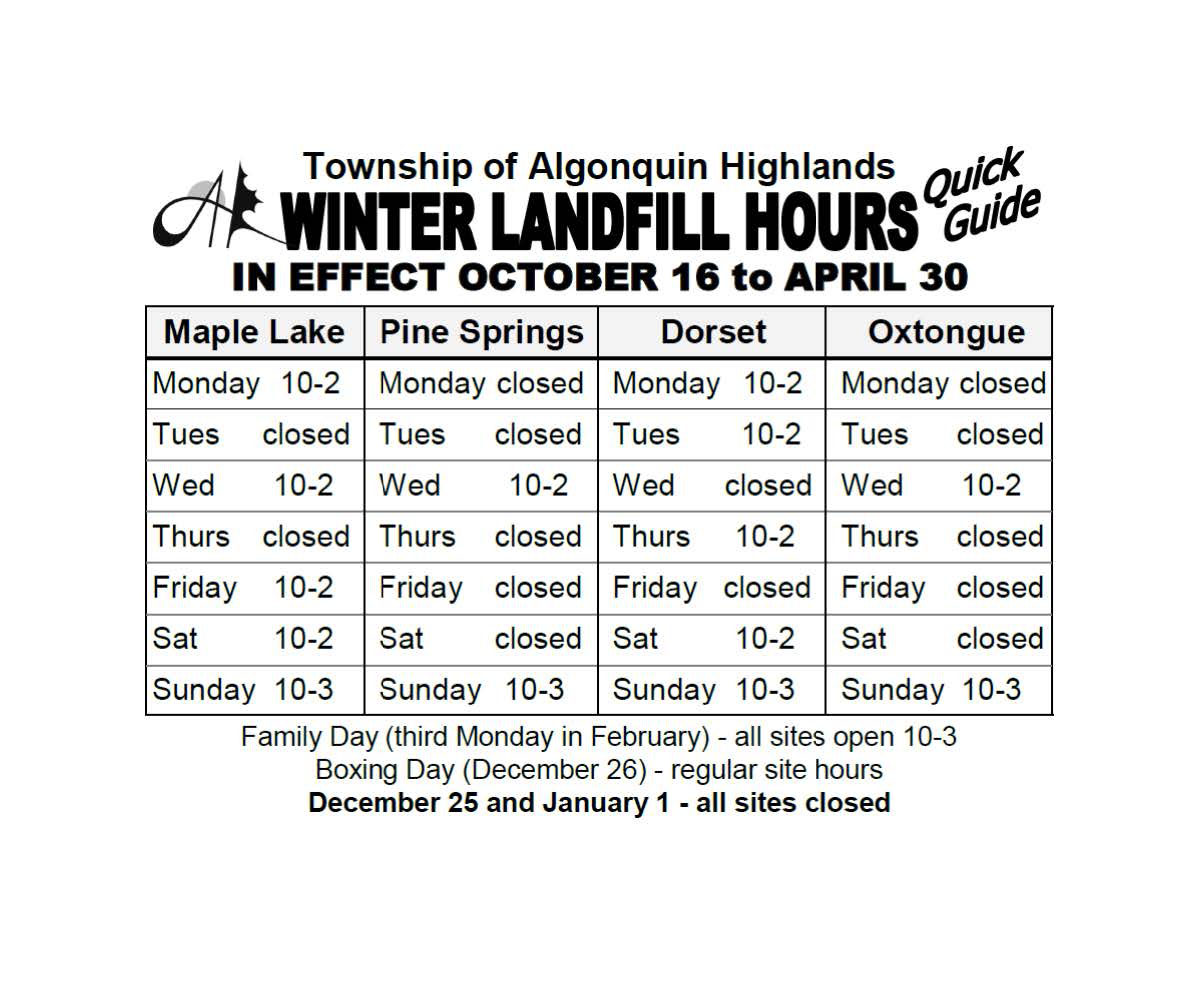 Image shows a schedule of winter landfill hours.