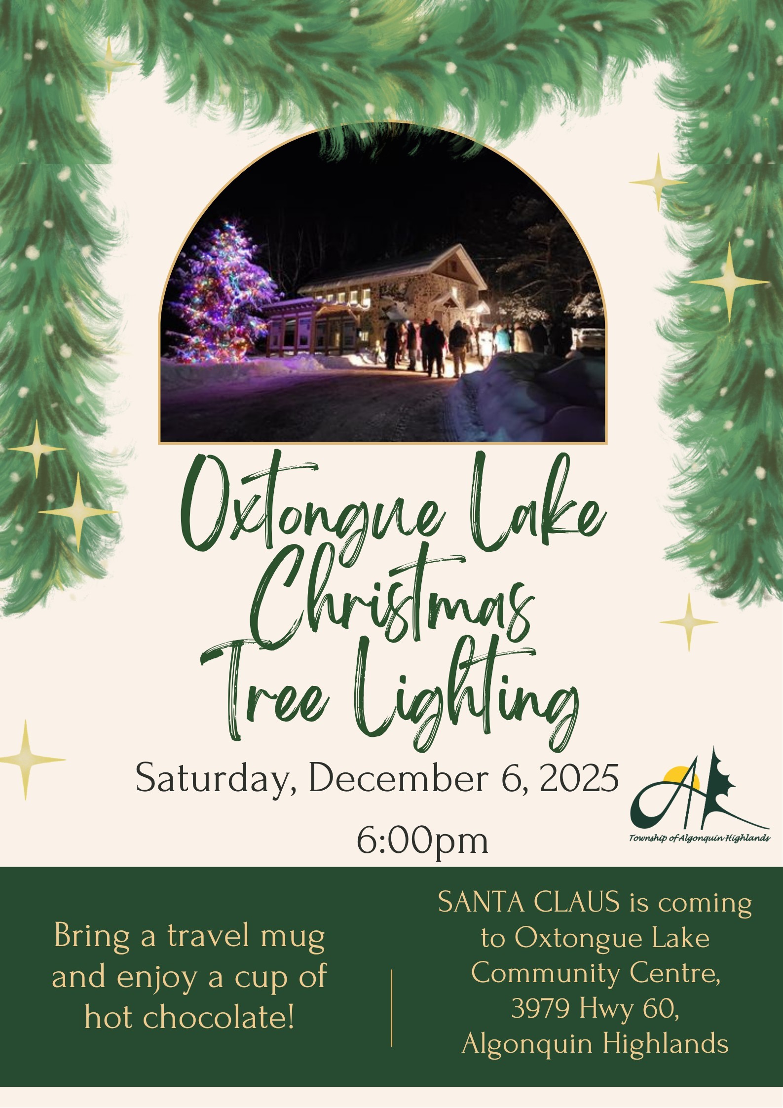 Image shows a poster for the Oxtongue Lake Christmas Tree Lighting.