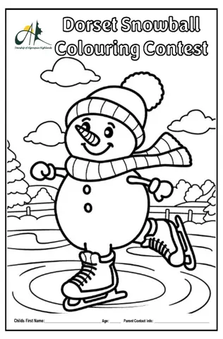 Image shows a colouring conteset page featuring a skating snowman. 